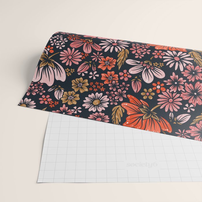 Retro Flower Power - Denim & Pink Wrapping Paper Gallery Image 2