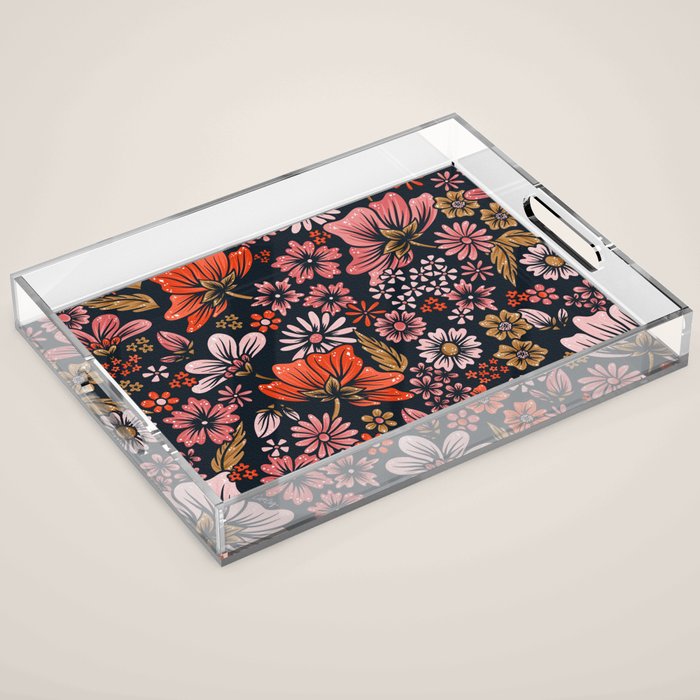 Retro Flower Power - Denim & Pink Acrylic Tray Gallery Image 1