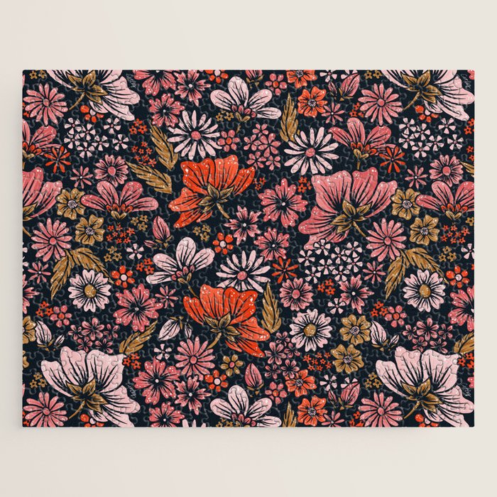 Retro Flower Power - Denim & Pink Jigsaw Puzzle Gallery Image 1