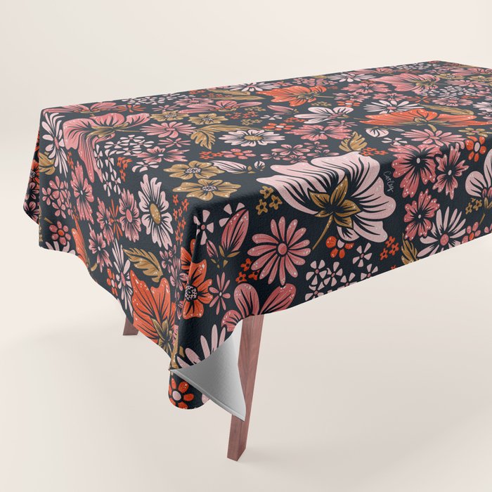 Retro Flower Power - Denim & Pink Tablecloth Gallery Image 1