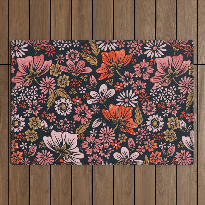 Retro Flower Power - Denim & Pink Outdoor Rug Gallery Image 1