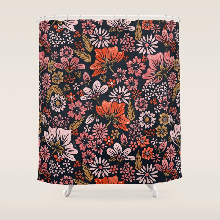 Retro Flower Power - Denim & Pink Shower Curtain Gallery Image 1