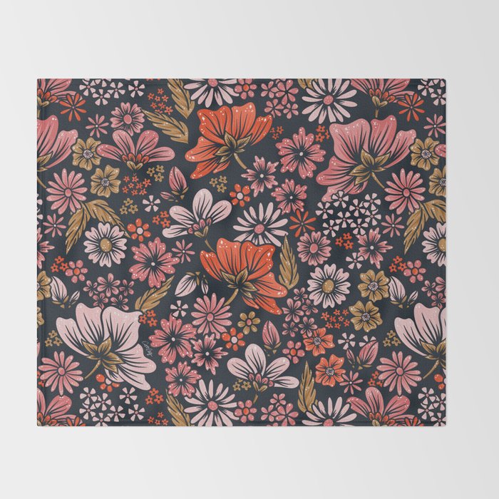 Retro Flower Power - Denim & Pink Throw Blanket Gallery Image 2