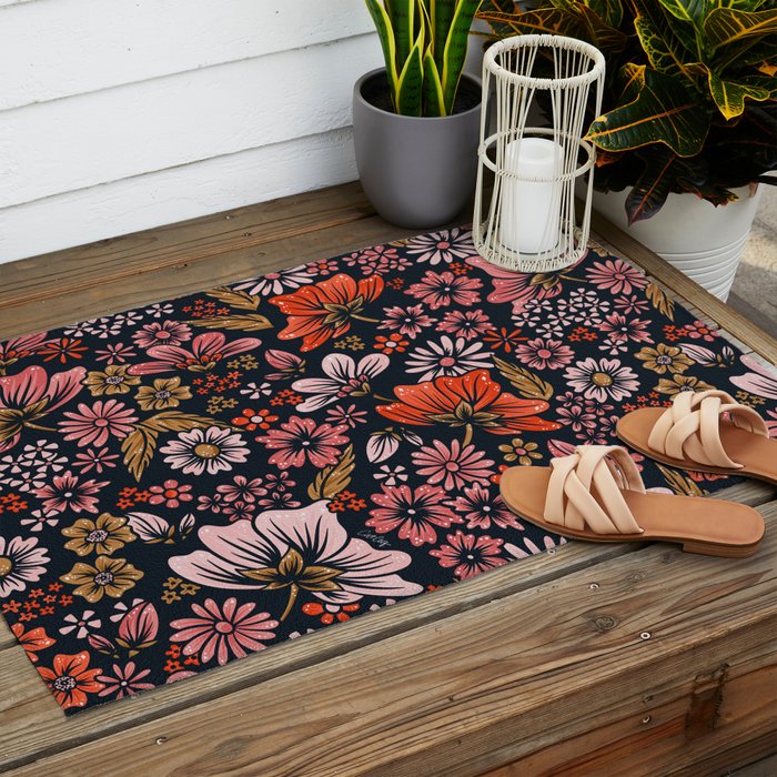 Retro Flower Power - Denim & Pink Outdoor Rug Gallery Image 2