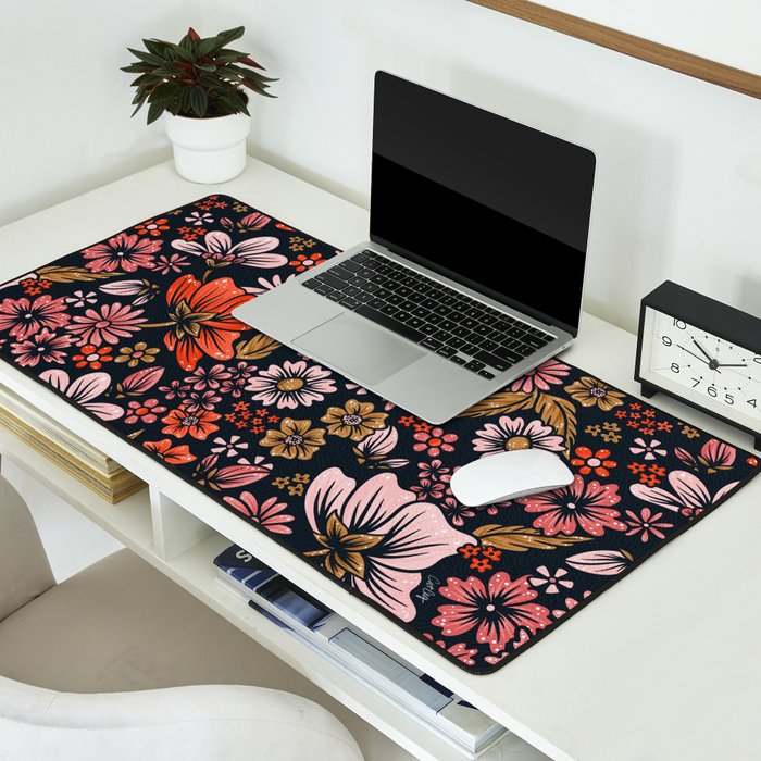 Retro Flower Power - Denim & Pink Desk Mat Gallery Image 2