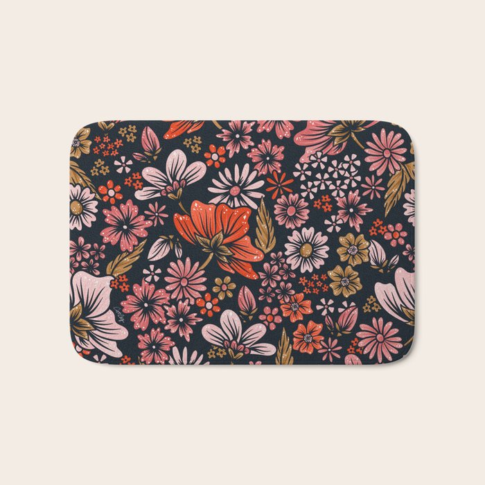 Retro Flower Power - Denim & Pink Bath Mat Gallery Image 1