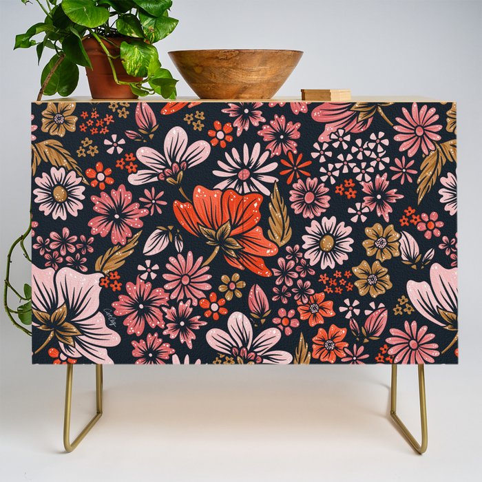 Retro Flower Power - Denim & Pink Credenza Gallery Image 1