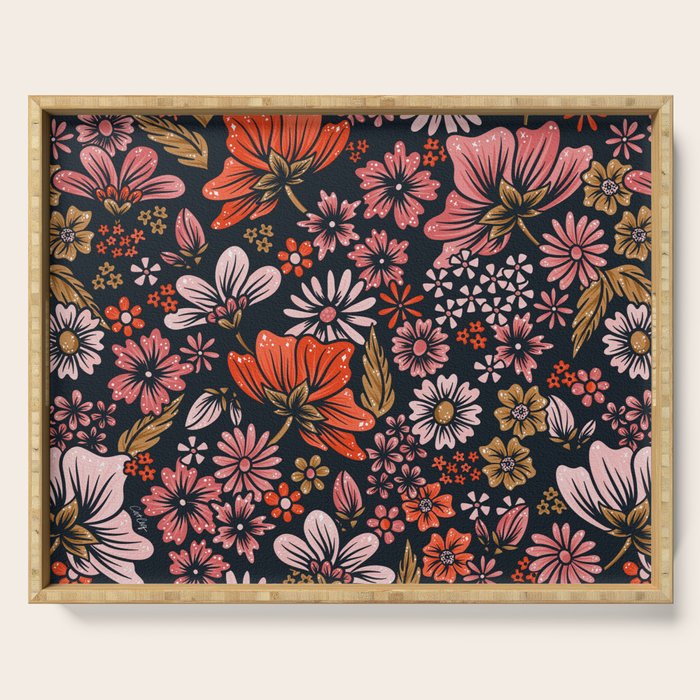 Retro Flower Power - Denim & Pink Serving Tray Gallery Image 1