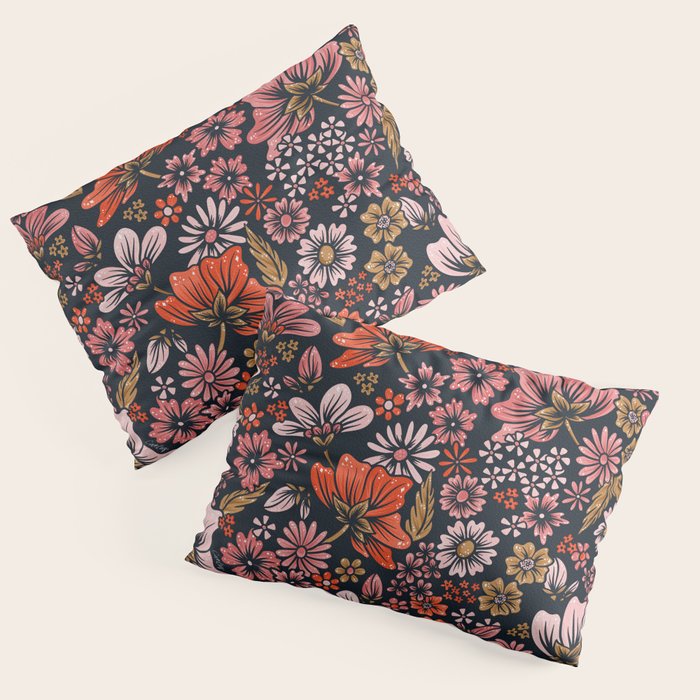 Retro Flower Power - Denim & Pink Pillow Sham Gallery Image 3