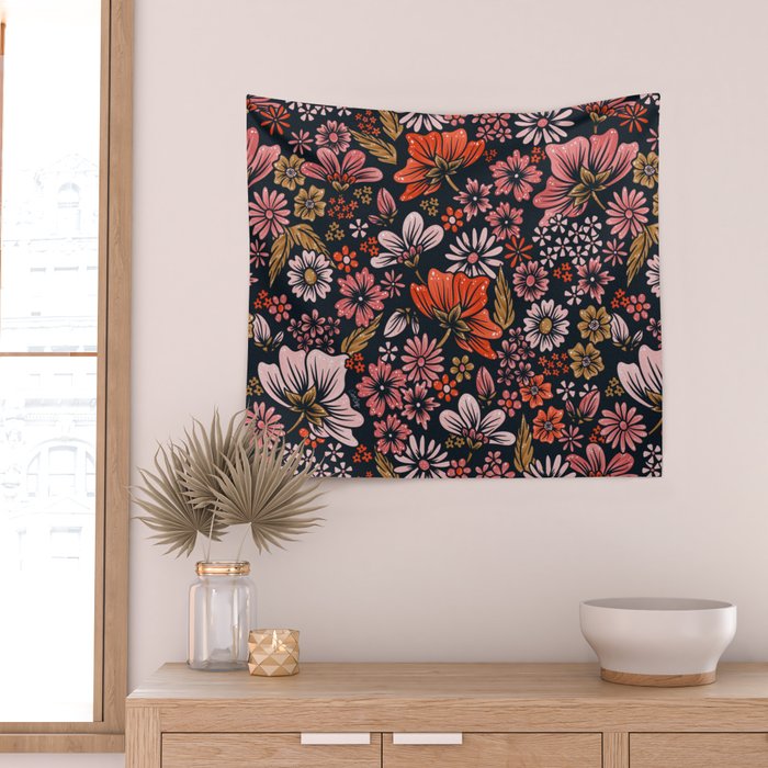 Retro Flower Power - Denim & Pink Wall Tapestry Gallery Image 2