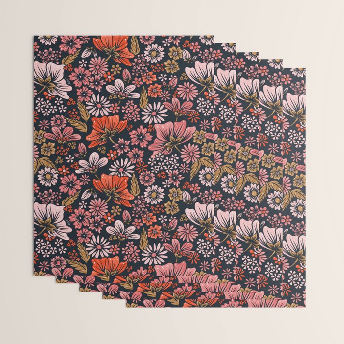 Retro Flower Power - Denim & Pink Wrapping Paper Gallery Image 3