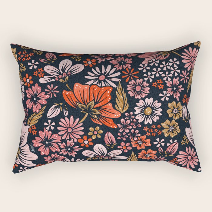 Retro Flower Power - Denim & Pink Rectangular Pillow Gallery Image 1