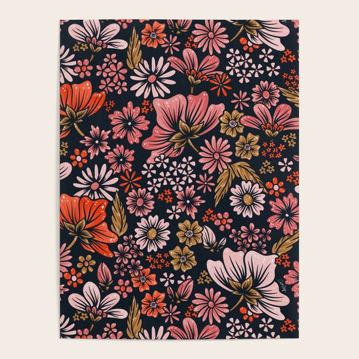 Retro Flower Power - Denim & Pink Poster Gallery Image 4