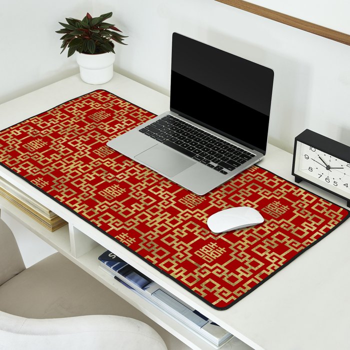 Chinese Pattern Double Happiness Symbol Gold on Red Desk Mat Gallery Image 2