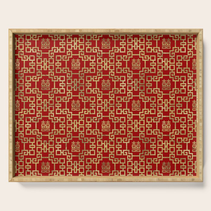 Chinese Pattern Double Happiness Symbol Gold on Red Serving Tray Gallery Image 1