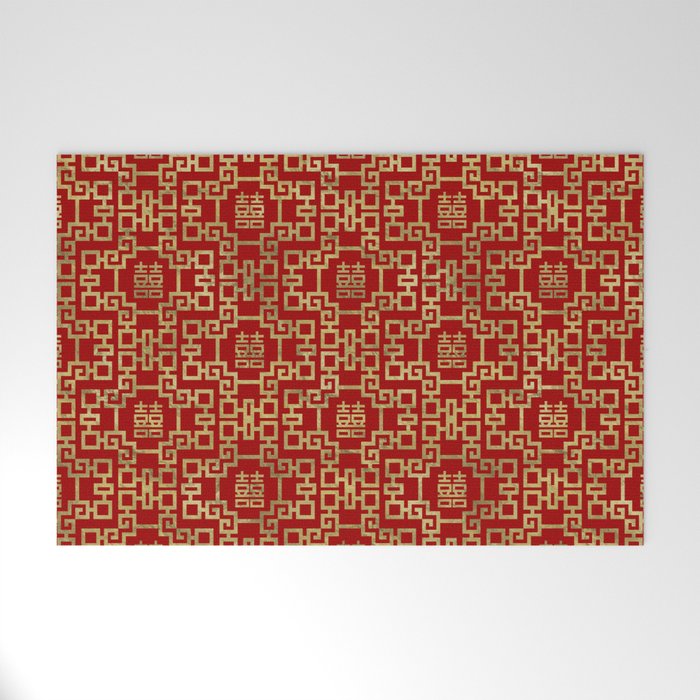 Chinese Pattern Double Happiness Symbol Gold on Red Welcome Mat Gallery Image 1