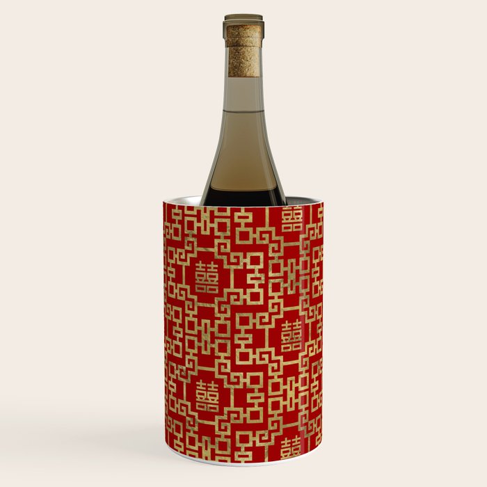 Chinese Pattern Double Happiness Symbol Gold on Red Wine Chiller Gallery Image 2
