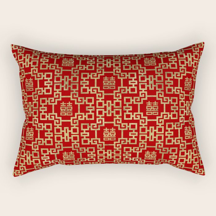 Chinese Pattern Double Happiness Symbol Gold on Red Rectangular Pillow Gallery Image 1