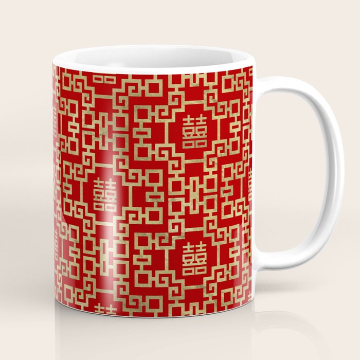 Chinese Pattern Double Happiness Symbol Gold on Red Coffee Mug Gallery Image 1