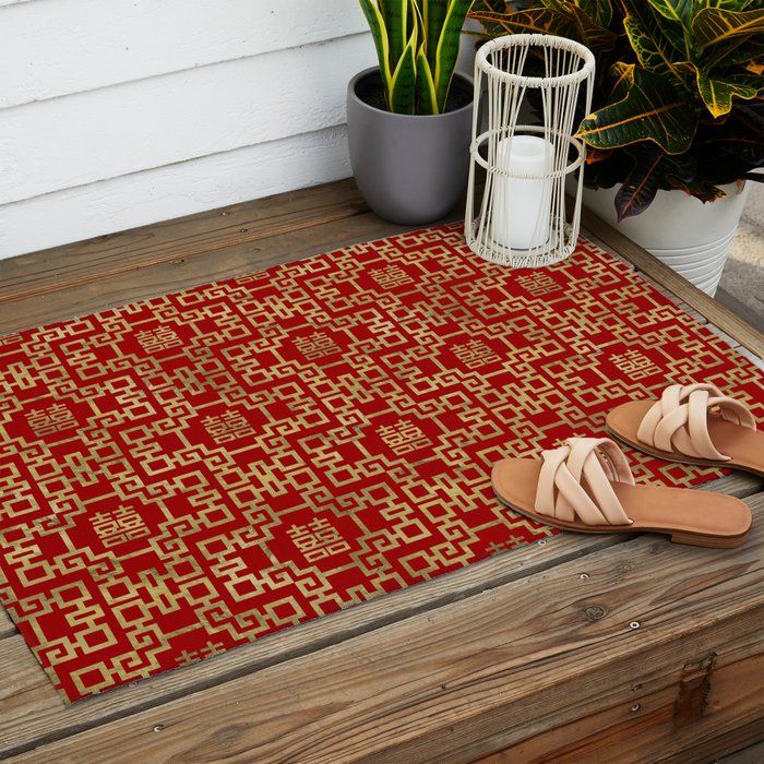 Chinese Pattern Double Happiness Symbol Gold on Red Outdoor Rug Gallery Image 2