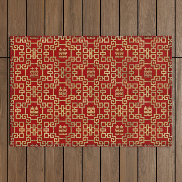 Chinese Pattern Double Happiness Symbol Gold on Red Outdoor Rug Gallery Image 1