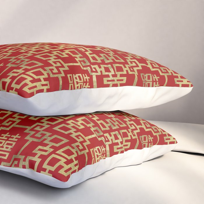 Chinese Pattern Double Happiness Symbol Gold on Red Pillow Sham Gallery Image 3