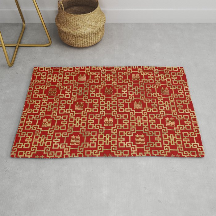 Chinese Pattern Double Happiness Symbol Gold on Red Rug Gallery Image 1