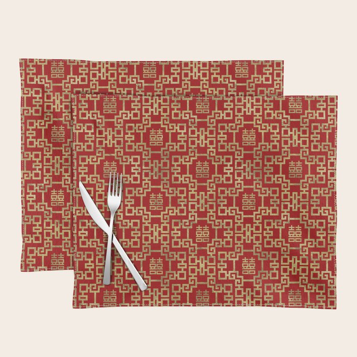 Chinese Pattern Double Happiness Symbol Gold on Red Placemat Gallery Image 1