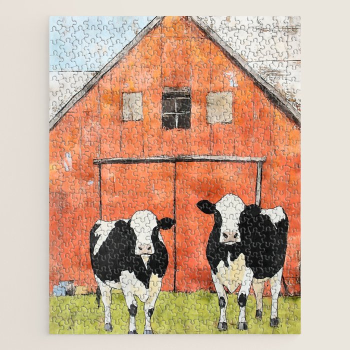 Two Cows and a Red Barn Watercolor Jigsaw Puzzle Gallery Image 1