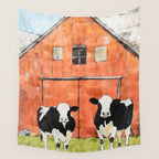 Two Cows and a Red Barn Watercolor Wall Tapestry Gallery Image 4
