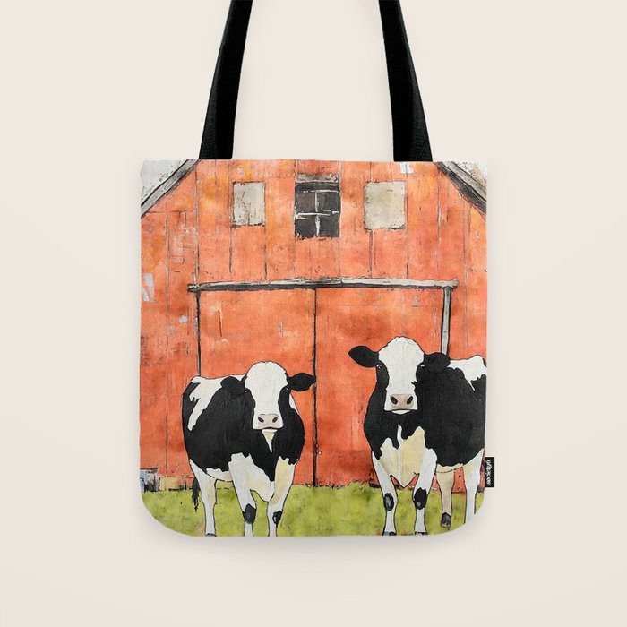 Two Cows and a Red Barn Watercolor Tote Bag Gallery Image 1