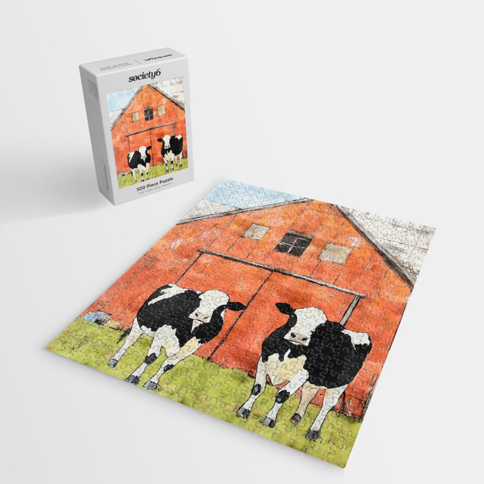 Two Cows and a Red Barn Watercolor Jigsaw Puzzle Gallery Image 2