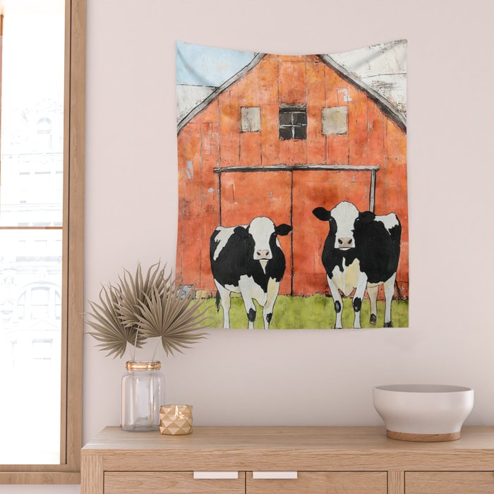 Two Cows and a Red Barn Watercolor Wall Tapestry Gallery Image 2