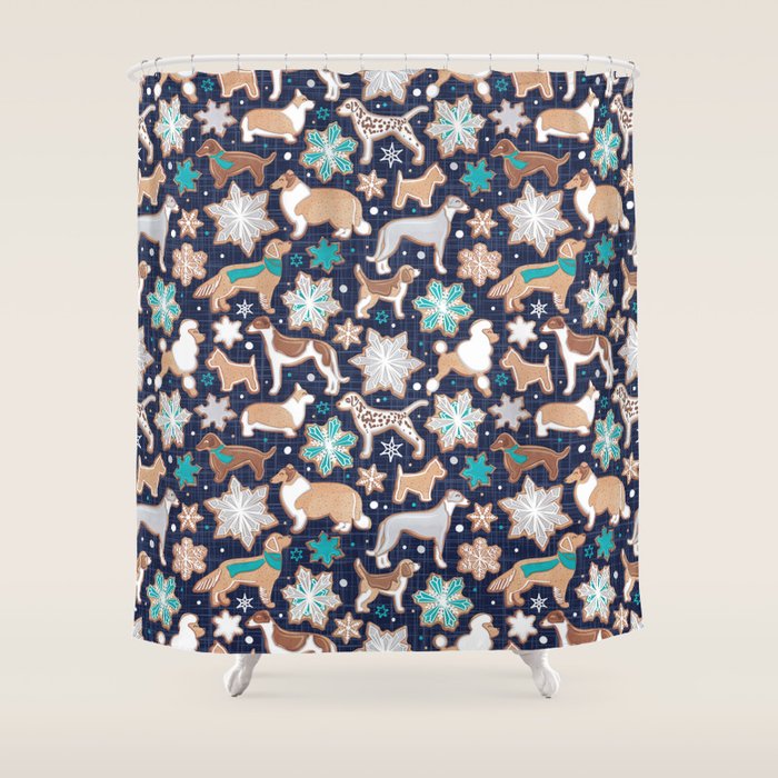 Catching ice and sweetness // navy blue background gingerbread white brown grey and dogs and snowflakes turquoise details Shower Curtain Gallery Image 1
