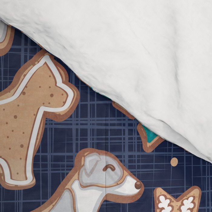 Catching ice and sweetness // navy blue background gingerbread white brown grey and dogs and snowflakes turquoise details Comforter Gallery Image 4