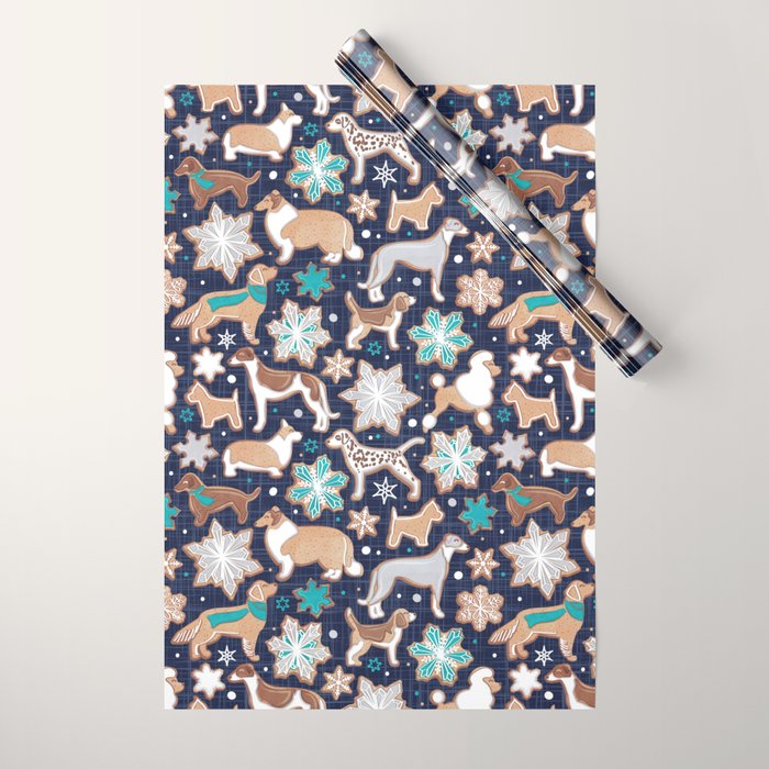 Catching ice and sweetness // navy blue background gingerbread white brown grey and dogs and snowflakes turquoise details Wrapping Paper Gallery Image 1