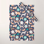 Catching ice and sweetness // navy blue background gingerbread white brown grey and dogs and snowflakes turquoise details Wrapping Paper Gallery Image 1