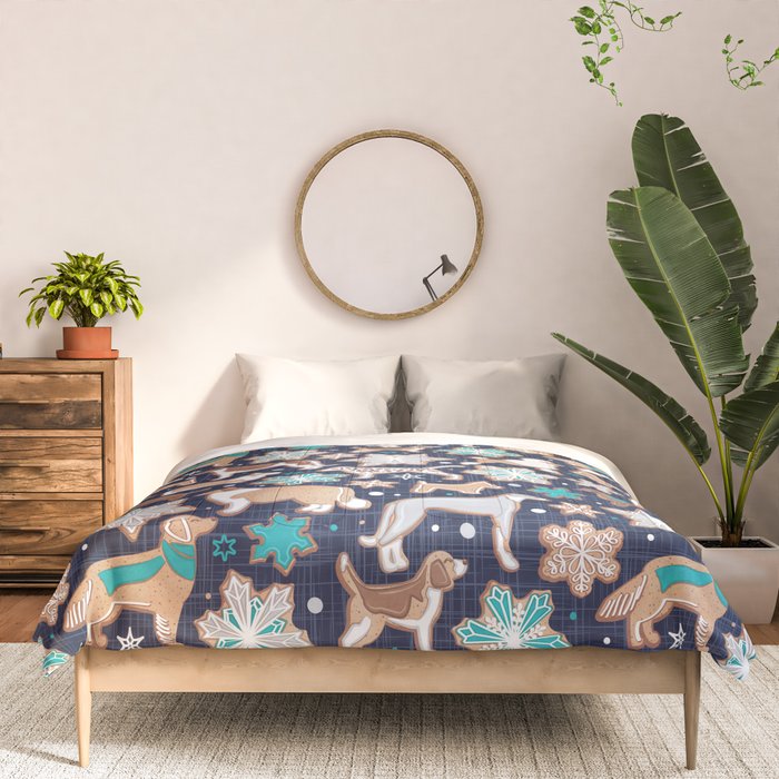 Catching ice and sweetness // navy blue background gingerbread white brown grey and dogs and snowflakes turquoise details Comforter Gallery Image 3