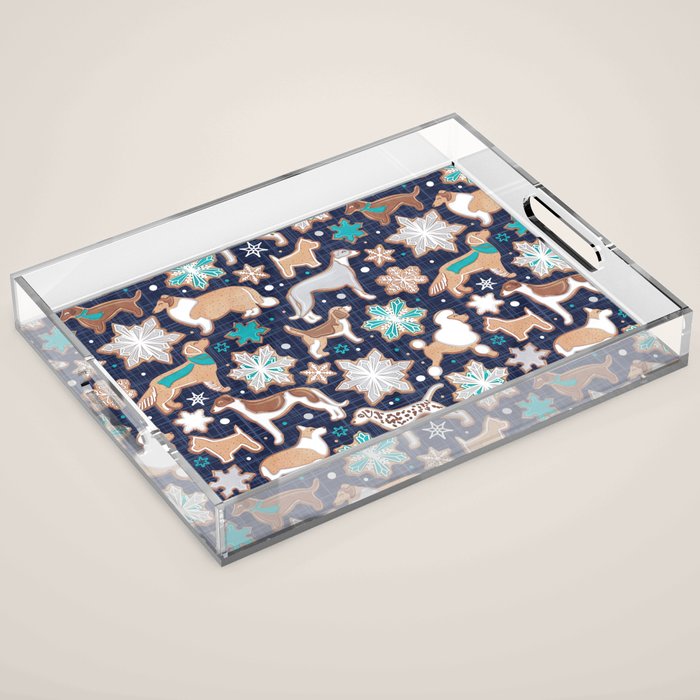 Catching ice and sweetness // navy blue background gingerbread white brown grey and dogs and snowflakes turquoise details Acrylic Tray Gallery Image 1