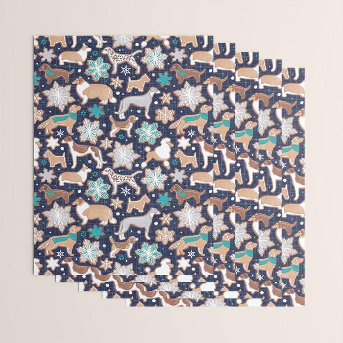 Catching ice and sweetness // navy blue background gingerbread white brown grey and dogs and snowflakes turquoise details Wrapping Paper Gallery Image 3