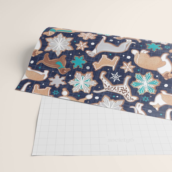 Catching ice and sweetness // navy blue background gingerbread white brown grey and dogs and snowflakes turquoise details Wrapping Paper Gallery Image 2