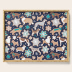 Catching ice and sweetness // navy blue background gingerbread white brown grey and dogs and snowflakes turquoise details Serving Tray Gallery Image 1