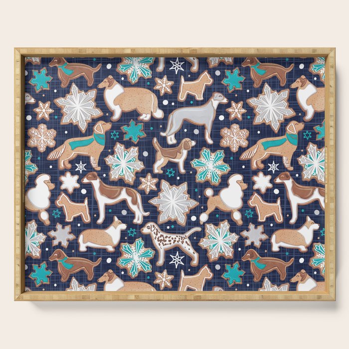 Catching ice and sweetness // navy blue background gingerbread white brown grey and dogs and snowflakes turquoise details Serving Tray Gallery Image 1
