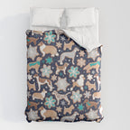 Catching ice and sweetness // navy blue background gingerbread white brown grey and dogs and snowflakes turquoise details Comforter Gallery Image 6