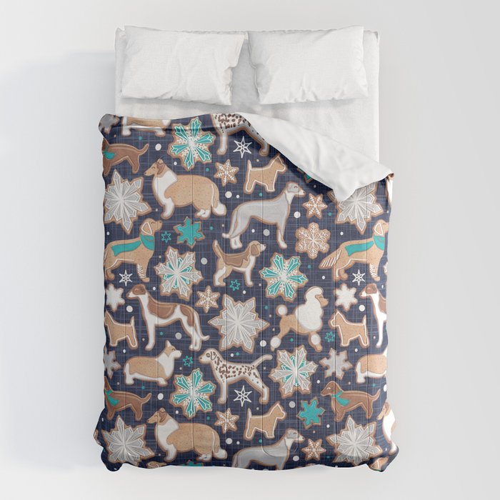 Catching ice and sweetness // navy blue background gingerbread white brown grey and dogs and snowflakes turquoise details Comforter Gallery Image 6