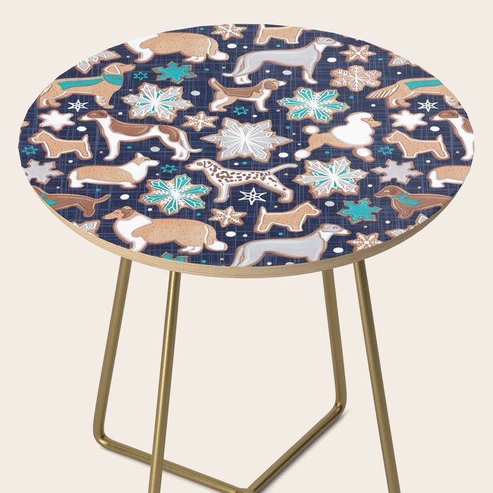 Catching ice and sweetness // navy blue background gingerbread white brown grey and dogs and snowflakes turquoise details Side Table Gallery Image 2