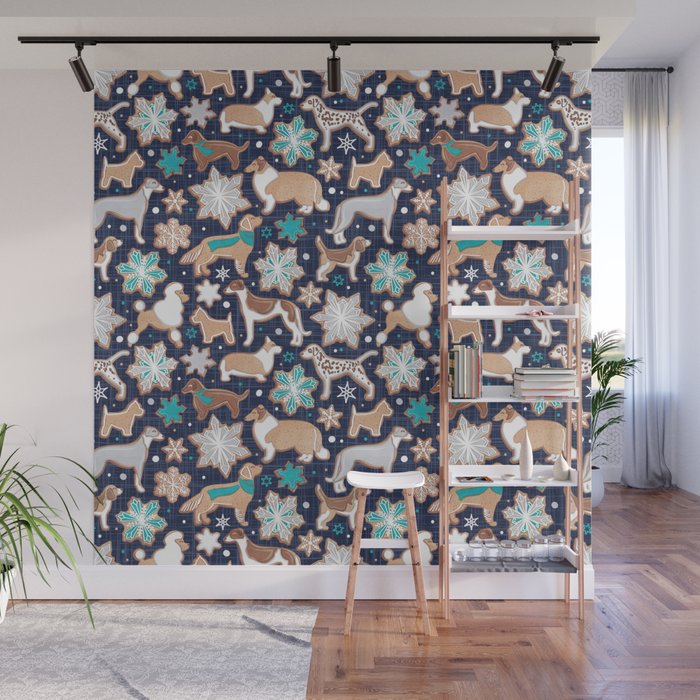 Catching ice and sweetness // navy blue background gingerbread white brown grey and dogs and snowflakes turquoise details Wall Mural Gallery Image 1