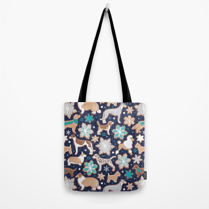Catching ice and sweetness // navy blue background gingerbread white brown grey and dogs and snowflakes turquoise details Tote Bag Gallery Image 2