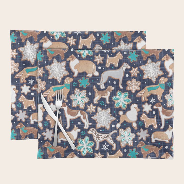 Catching ice and sweetness // navy blue background gingerbread white brown grey and dogs and snowflakes turquoise details Placemat Gallery Image 1