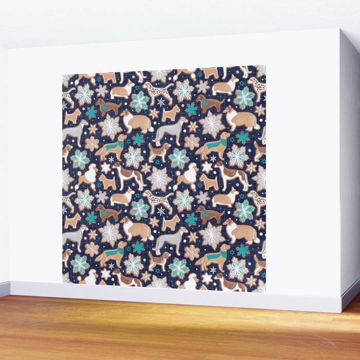 Catching ice and sweetness // navy blue background gingerbread white brown grey and dogs and snowflakes turquoise details Wall Mural Gallery Image 2